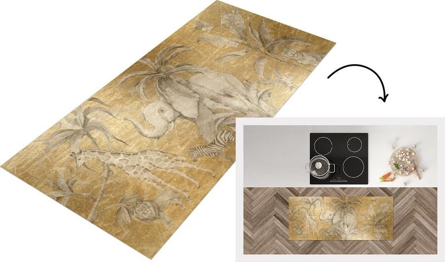 KitchenYeah Keukenloper Loper keuken Jungle Decoratie Kinderen Olifanten Goud 120x50 cm Keukenloper vinyl