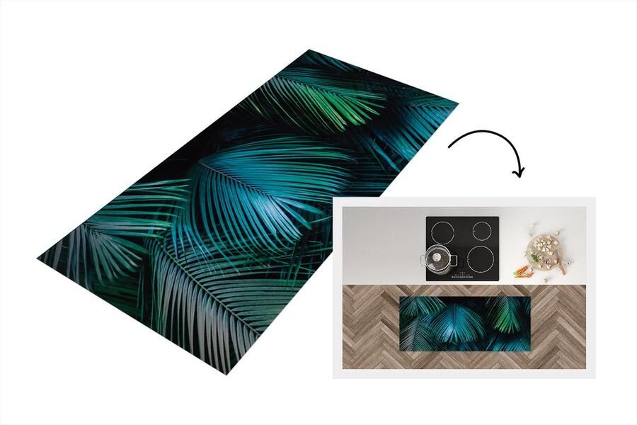KitchenYeah Keukenloper Loper keuken Jungle Palmboom Groen Blauw 120x50 cm Keukenloper vinyl