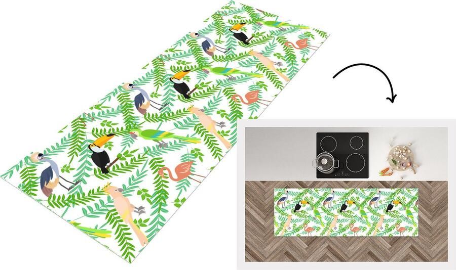 KitchenYeah Keukenloper Loper keuken Jungle Vogel Patronen 150x50 cm Keukenloper vinyl