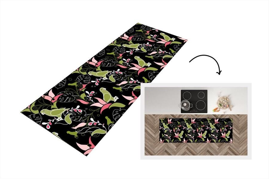 KitchenYeah Keukenloper Loper keuken Jungle Vogel Patronen 180x60 cm Keukenloper vinyl