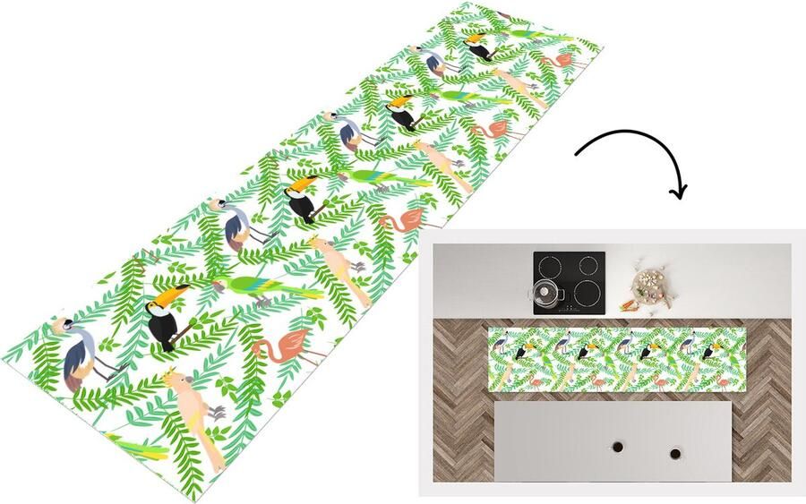 KitchenYeah Keukenloper Loper keuken Jungle Vogel Patronen 200x50 cm Keukenloper vinyl