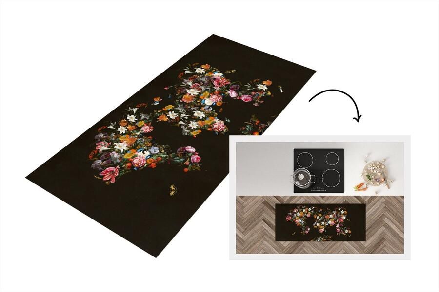 KitchenYeah Keukenloper Loper keuken Kaart Bloemen Zwart 120x50 cm Keukenloper vinyl