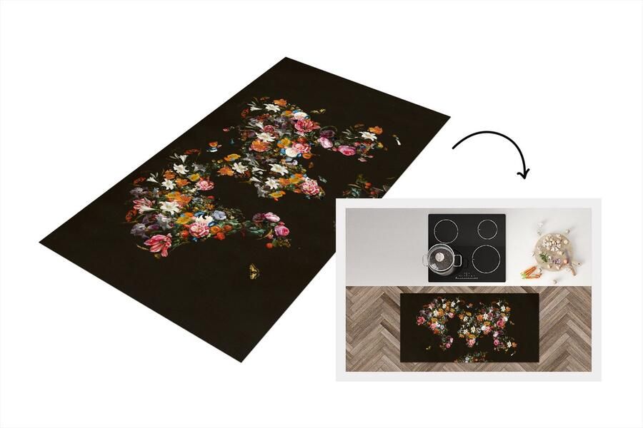 KitchenYeah Keukenloper Loper keuken Kaart Bloemen Zwart 120x60 cm Keukenloper vinyl
