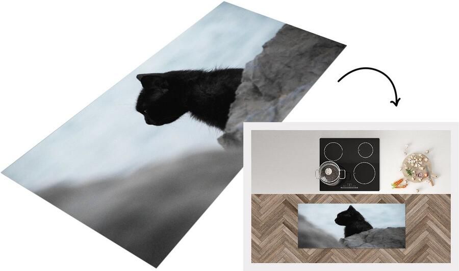 KitchenYeah Keukenloper Loper keuken Kat Steen Zwart 120x50 cm Keukenloper vinyl