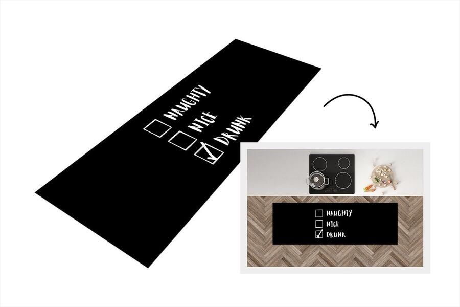 KitchenYeah Keukenloper Loper keuken Kerst Naughty nice drunk Spreuken Quotes Kerstman 180x60 cm Keukenloper vinyl