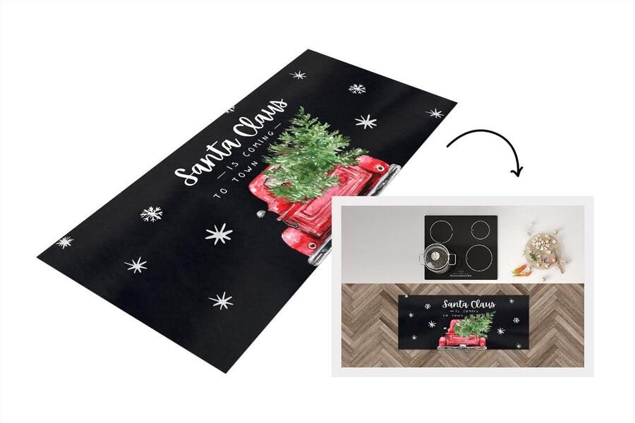 KitchenYeah Keukenloper Loper keuken Kerstmis Quotes Spreuken Santa Claus is coming to town Sneeuwvlok 120x50 cm Keukenloper vinyl