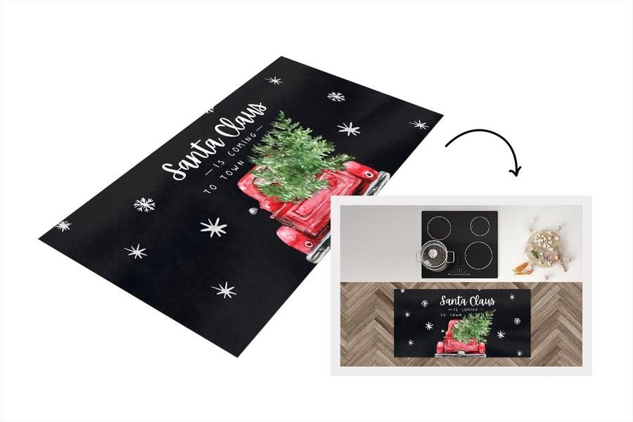 KitchenYeah Keukenloper Loper keuken Kerstmis Quotes Spreuken Santa Claus is coming to town Sneeuwvlok 120x60 cm Keukenloper vinyl