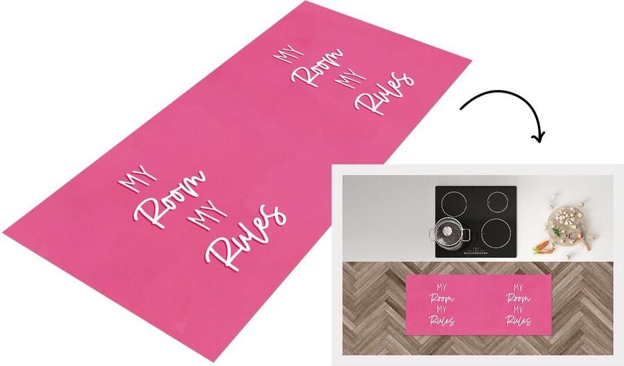 KitchenYeah Keukenloper Loper keuken Kinderen Quotes Roze My room my rules 120x50 cm Keukenloper vinyl