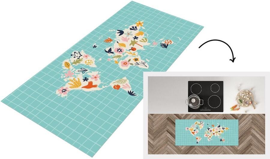KitchenYeah Keukenloper Loper keuken Kinderkamer Wereldkaart Bloemen Fruit 120x50 cm Keukenloper vinyl