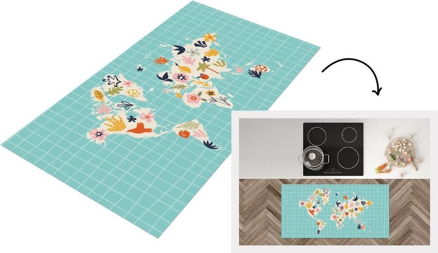 KitchenYeah Keukenloper Loper keuken Kinderkamer Wereldkaart Bloemen Fruit 120x60 cm Keukenloper vinyl