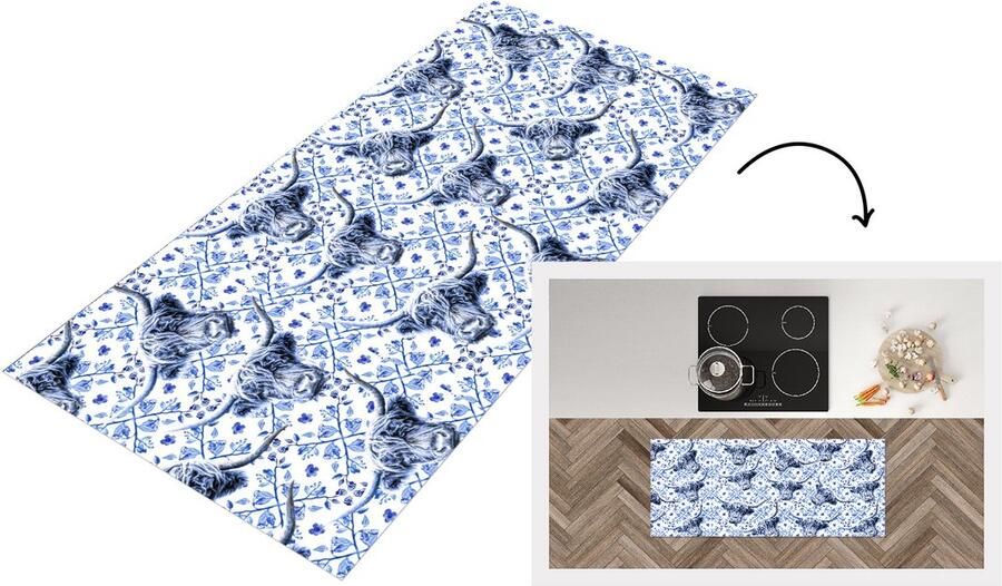 KitchenYeah Keukenloper Loper keuken Koe Delfts blauw Schotse hooglander 120x50 cm Keukenloper vinyl