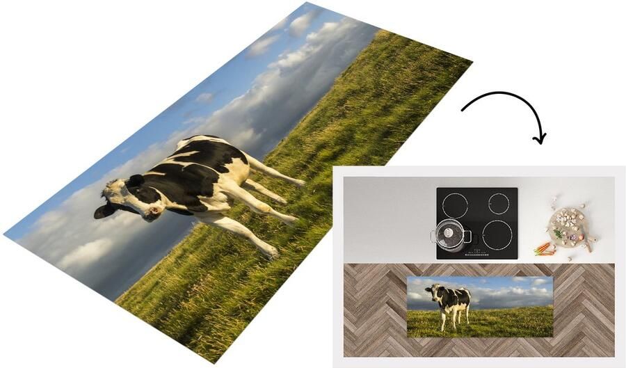 KitchenYeah Keukenloper Loper keuken Koe Zwart Wit Gras 120x50 cm Keukenloper vinyl