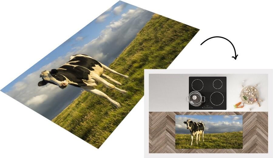 KitchenYeah Keukenloper Loper keuken Koe Zwart Wit Gras 120x60 cm Keukenloper vinyl