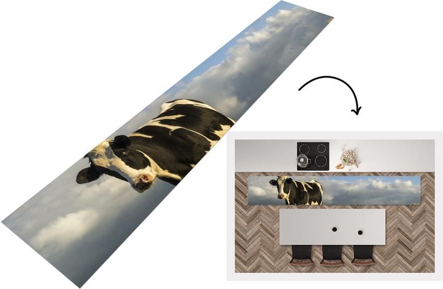 KitchenYeah Keukenloper Loper keuken Koe Zwart Wit Gras 300x50 cm Keukenloper vinyl