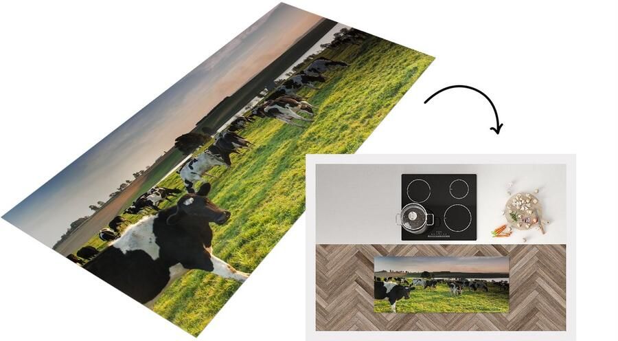 KitchenYeah Keukenloper Loper keuken Koeien Gras Zonsondergang 120x50 cm Keukenloper vinyl