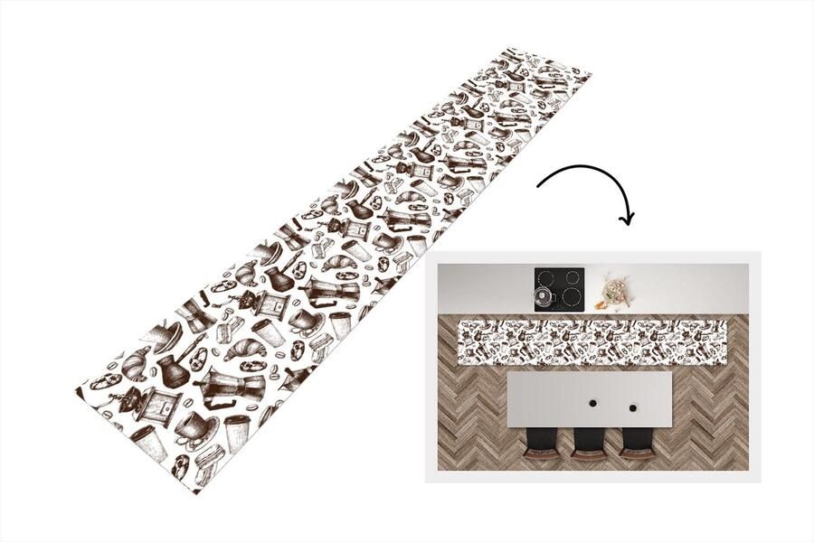 KitchenYeah Keukenloper Keukenmat Koffie Croissant Patroon 360x60 cm Keuken vloerkleed