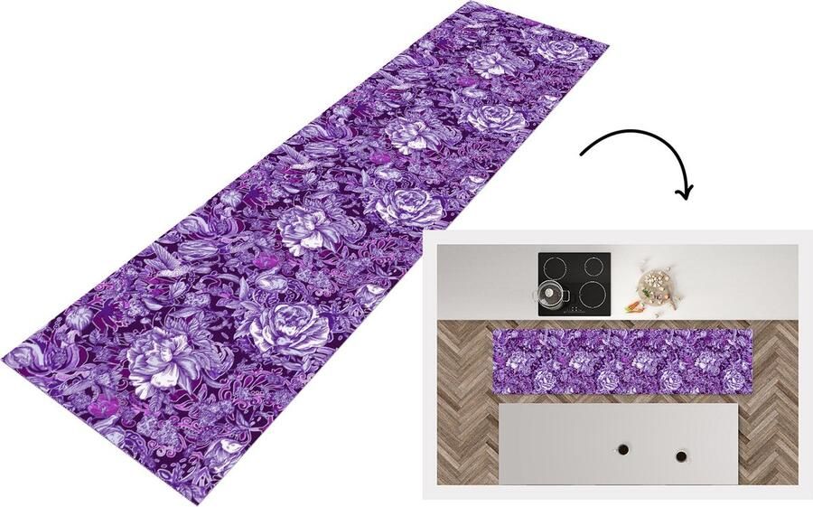 KitchenYeah Keukenloper Loper keuken Kolibrie Rozen Paars 200x50 cm Keukenloper vinyl