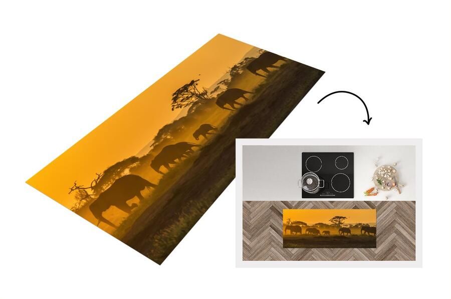 KitchenYeah Keukenloper Loper keuken Kudde olifanten bij zonsopkomst 120x50 cm Keukenloper vinyl