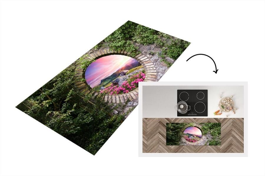 KitchenYeah Keukenloper Loper keuken Landschap Bloemen Doorkijk Berg 120x50 cm Keukenloper vinyl