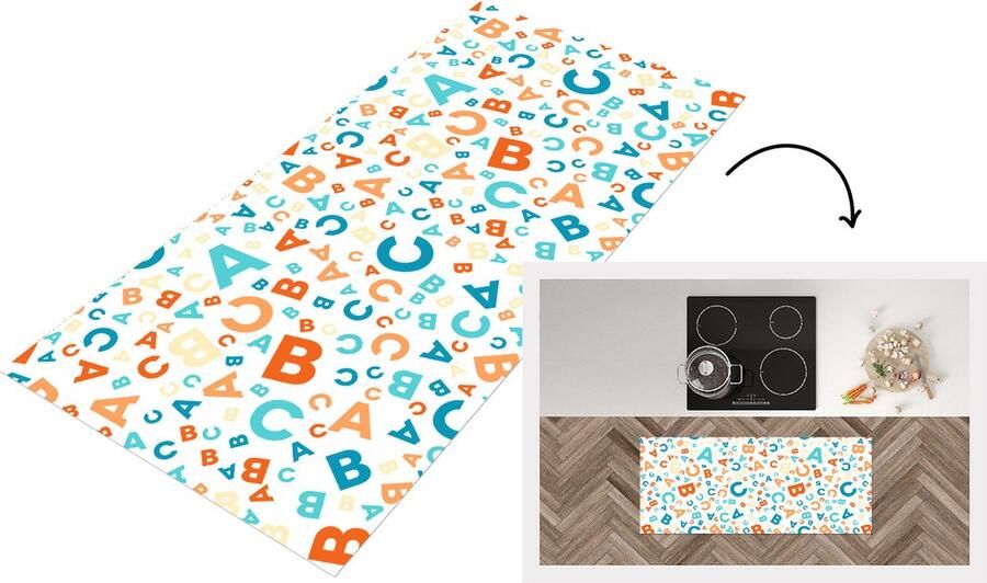 KitchenYeah Keukenloper Loper keuken Letters Abc Oranje Blauw Patronen 120x50 cm Keukenloper vinyl