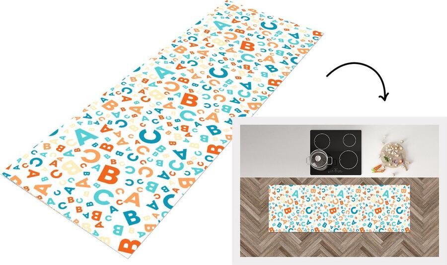 KitchenYeah Keukenloper Loper keuken Letters Abc Oranje Blauw Patronen 150x50 cm Keukenloper vinyl