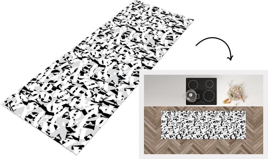 KitchenYeah Keukenloper Loper keuken Letters Alfabet Patronen Zwart Wit 180x60 cm Keukenloper vinyl