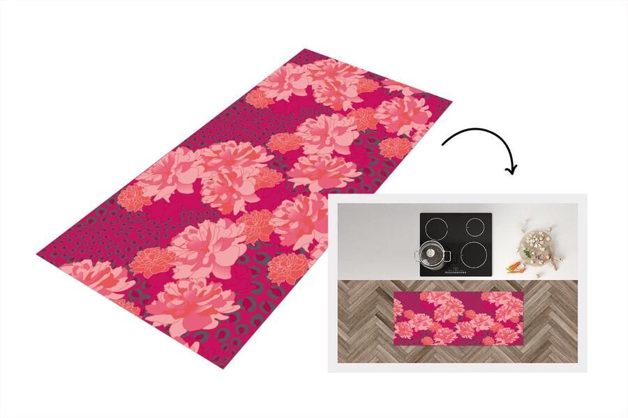 KitchenYeah Keukenloper Loper keuken Luipaard Dierenprint Pioenroos Patroon 120x50 cm Keukenloper vinyl