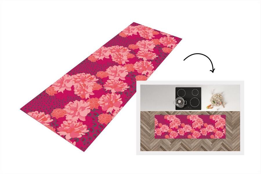 KitchenYeah Keukenloper Loper keuken Luipaard Dierenprint Pioenroos Patroon 180x60 cm Keukenloper vinyl