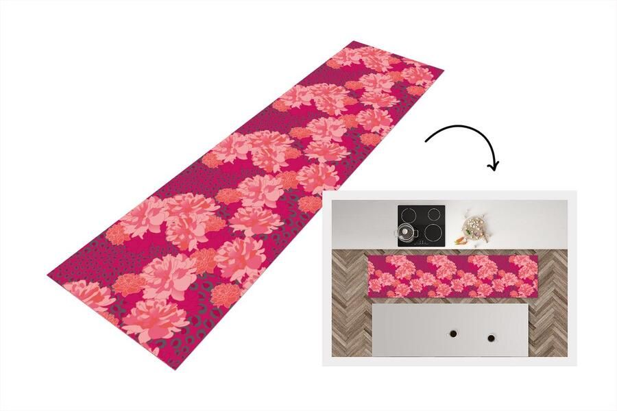 KitchenYeah Keukenloper Loper keuken Luipaard Dierenprint Pioenroos Patroon 240x60 cm Keukenloper vinyl