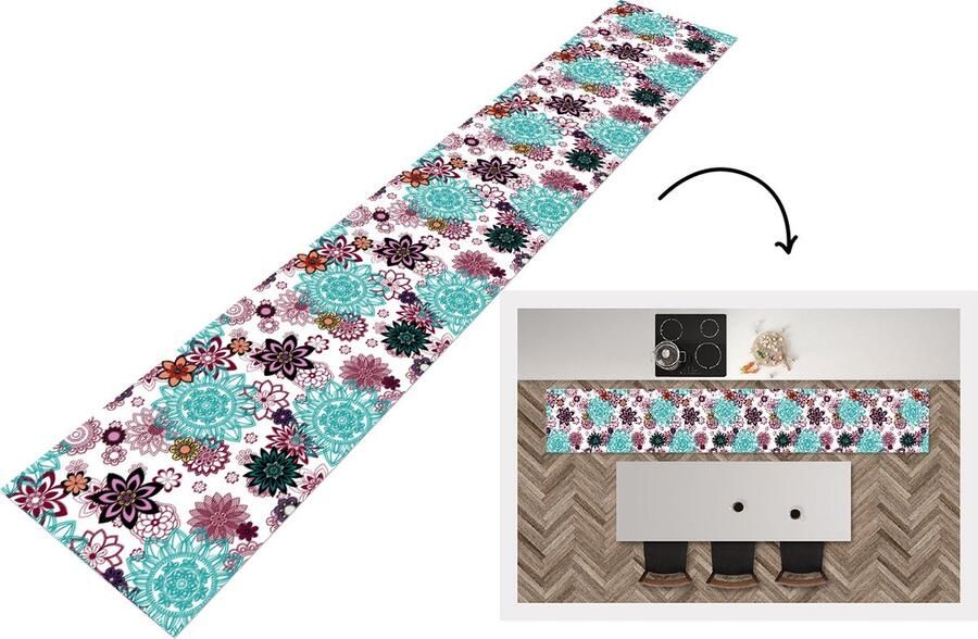 KitchenYeah Keukenloper Keukenmat Mandala Bloemen Patroon 360x60 cm Keuken vloerkleed