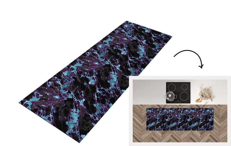 KitchenYeah Keukenloper Loper keuken Marmer Blauw Patroon 150x50 cm Keukenloper vinyl