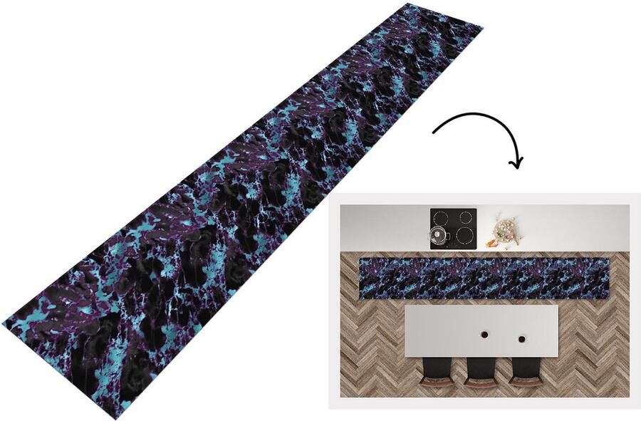 KitchenYeah Keukenloper Keukenmat Marmer Blauw Patroon 360x60 cm Keuken vloerkleed