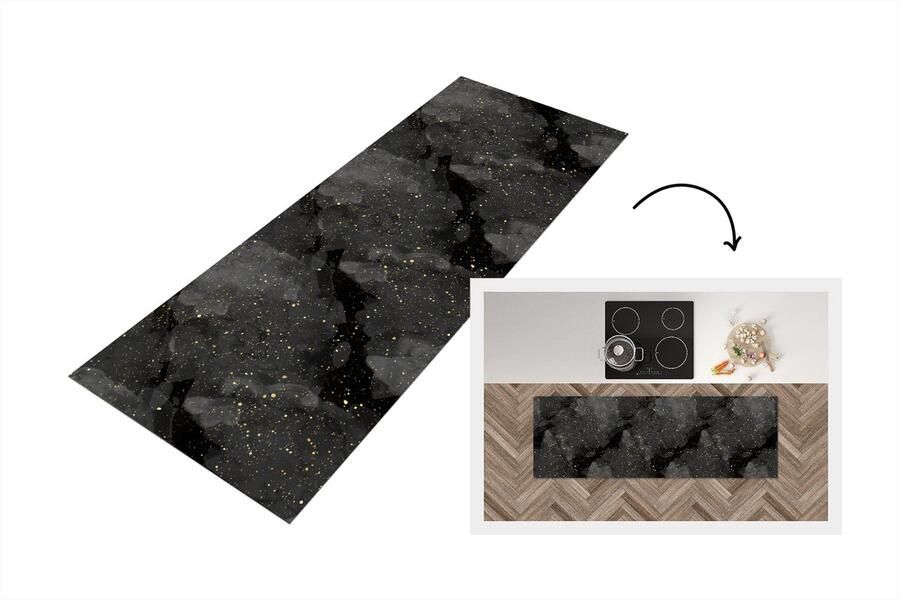 KitchenYeah Keukenloper Loper keuken Marmer Glitter Goud Zwart Patronen 180x60 cm Keukenloper vinyl