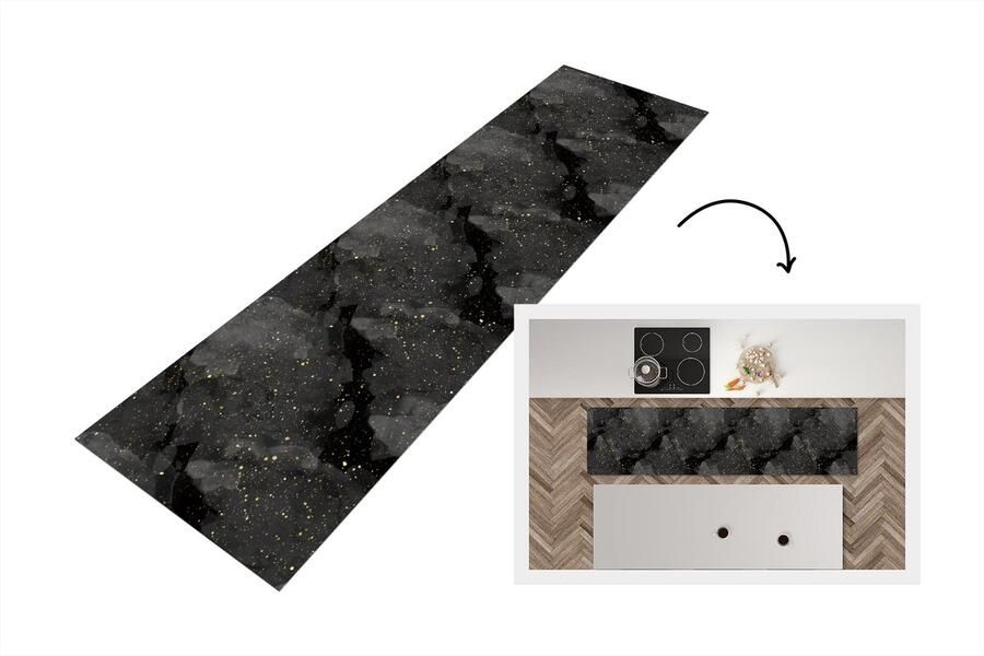 KitchenYeah Keukenloper Loper keuken Marmer Glitter Goud Zwart Patronen 200x50 cm Keukenloper vinyl