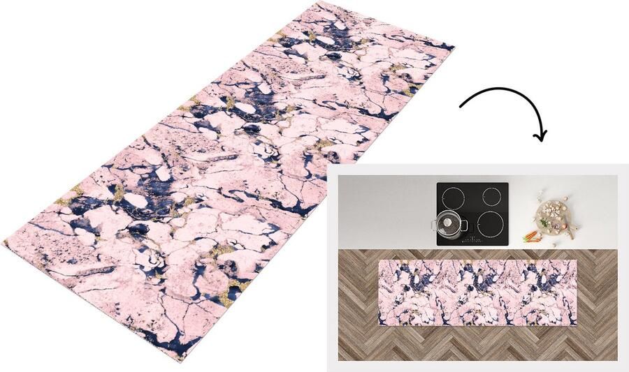 KitchenYeah Keukenloper Loper keuken Marmer Goud Roze Blauw Patronen 180x60 cm Keukenloper vinyl