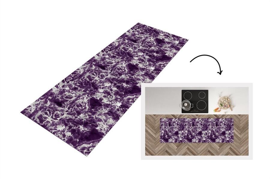 KitchenYeah Keukenloper Loper keuken Marmer Paars Zilver Patronen 150x50 cm Keukenloper vinyl