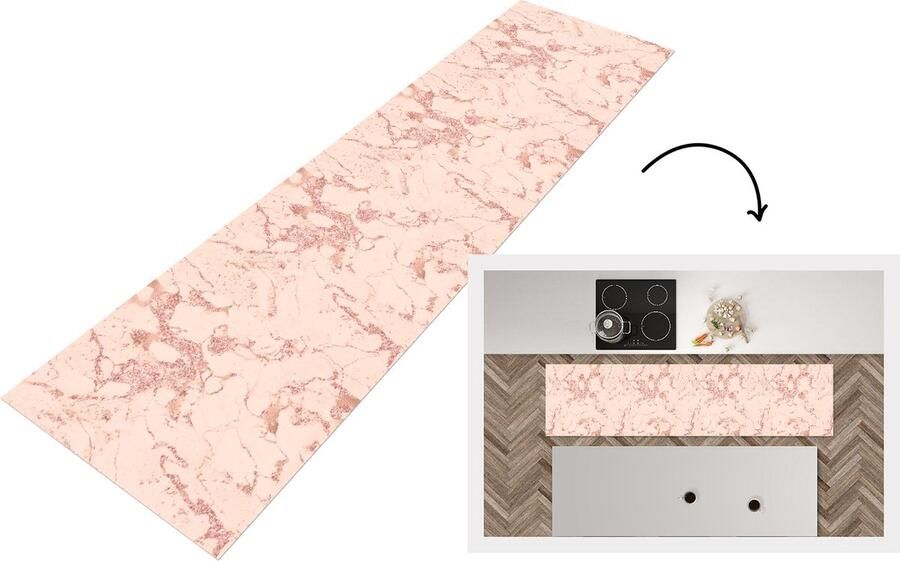 KitchenYeah Keukenloper Loper keuken Marmer Rose goud Patronen Chic 200x50 cm Keukenloper vinyl