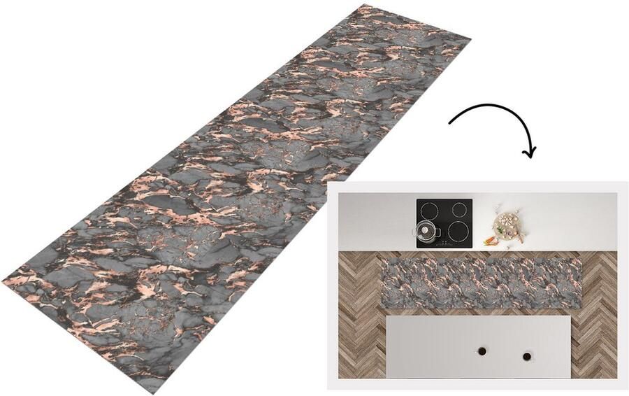 KitchenYeah Keukenloper Loper keuken Marmer Rose Grijs Patronen 240x60 cm Keukenloper vinyl
