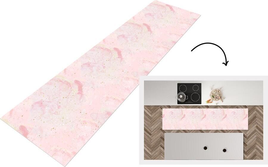 KitchenYeah Keukenloper Loper keuken Marmer Roze Glitter Goud Patronen 200x50 cm Keukenloper vinyl