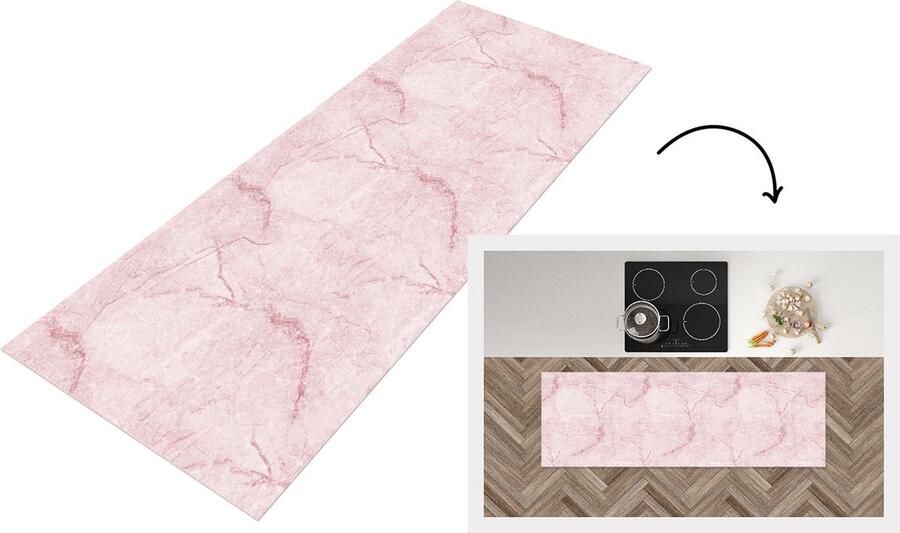 KitchenYeah Keukenloper Loper keuken Marmer Roze Patronen 150x50 cm Keukenloper vinyl