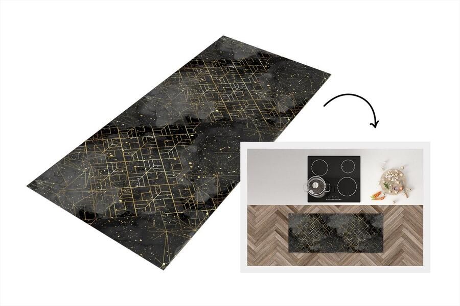 KitchenYeah Keukenloper Loper keuken Marmer Zwart Goud Geometrie 120x50 cm Keukenloper vinyl