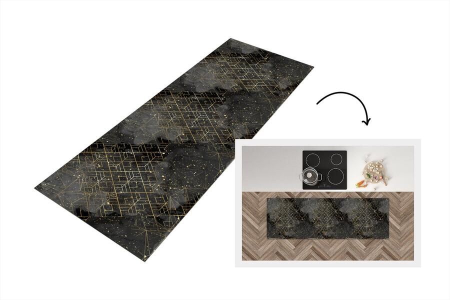 KitchenYeah Keukenloper Loper keuken Marmer Zwart Goud Geometrie 150x50 cm Keukenloper vinyl