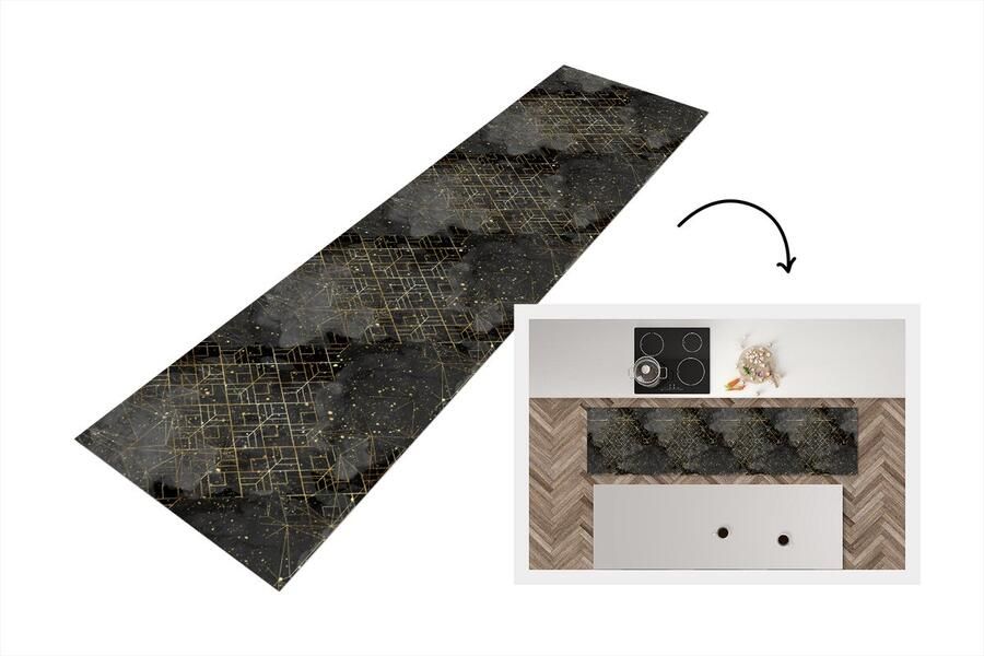 KitchenYeah Keukenloper Loper keuken Marmer Zwart Goud Geometrie 200x50 cm Keukenloper vinyl