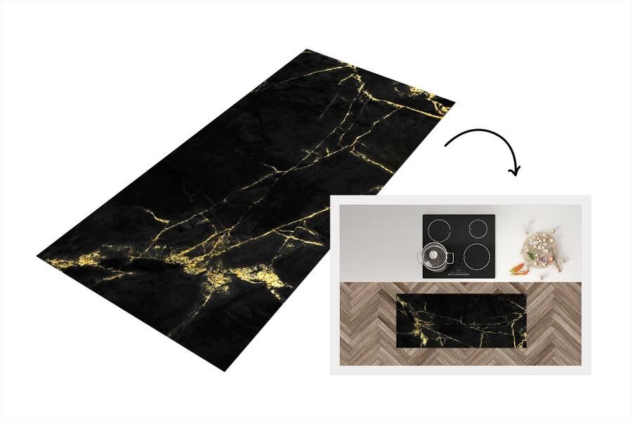 KitchenYeah Keukenloper Loper keuken Marmer Zwart Goud Luxe 120x50 cm Keukenloper vinyl