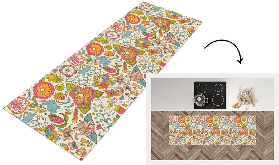 KitchenYeah Keukenloper Loper keuken Meisje Konijn Kikker Patronen 180x60 cm Keukenloper vinyl