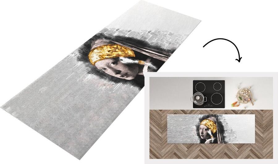 KitchenYeah Keukenloper Loper keuken Meisje met de parel Aquarelverf Goud 150x50 cm Keukenloper vinyl