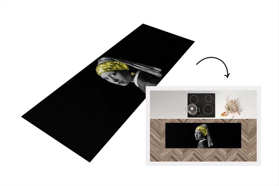 KitchenYeah Keukenloper Loper keuken Meisje met de parel Black en gold Vermeer 150x50 cm Keukenloper vinyl
