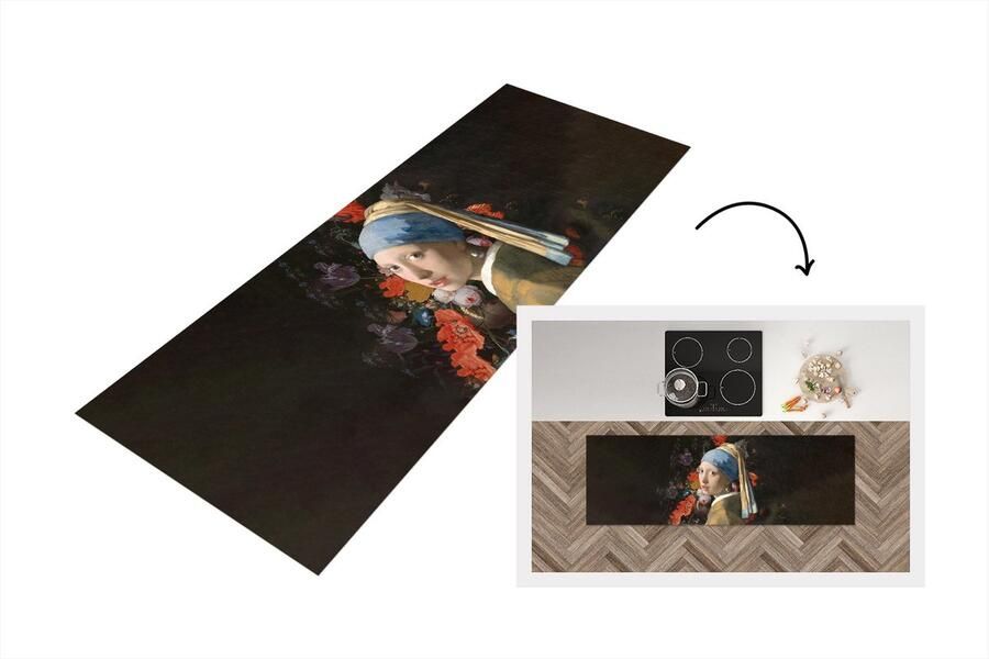 KitchenYeah Keukenloper Loper keuken Meisje met de parel Bloemen Regenboog 180x60 cm Keukenloper vinyl