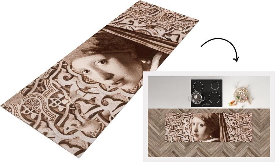 KitchenYeah Keukenloper Loper keuken Meisje met de parel Bruin Vermeer 180x60 cm Keukenloper vinyl