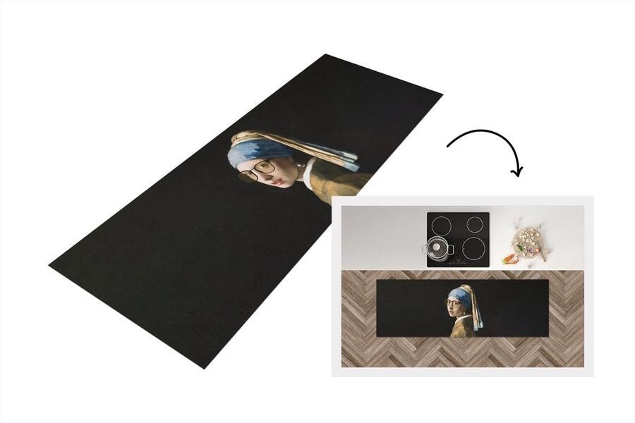 KitchenYeah Keukenloper Loper keuken Meisje met de parel Johannes Vermeer Bril 150x50 cm Keukenloper vinyl
